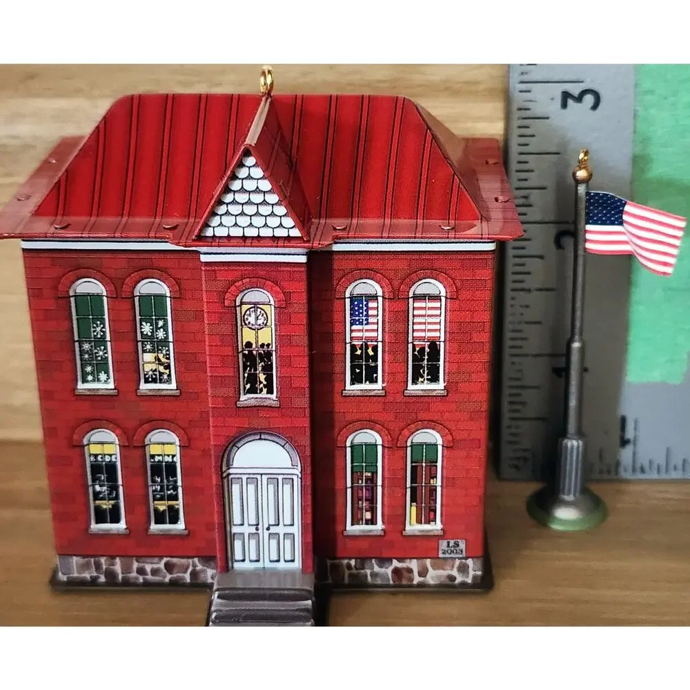 2003 Hallmark Schoolhouse and Flagpole Tin House Keepsake Ornament In Box